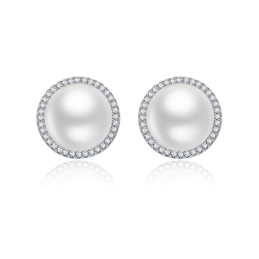 Simulated Pearl And CZ Halo Earrings